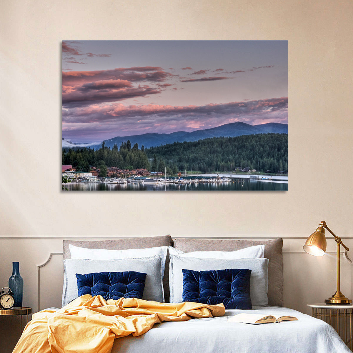 Lake Pend Oreille Twilight Reflection Wall Art in a room, landscape