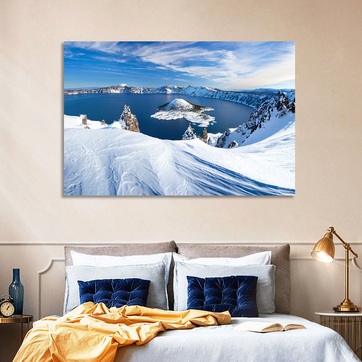 Crater Lake with Wizard Island Wall Art in a room, landscape