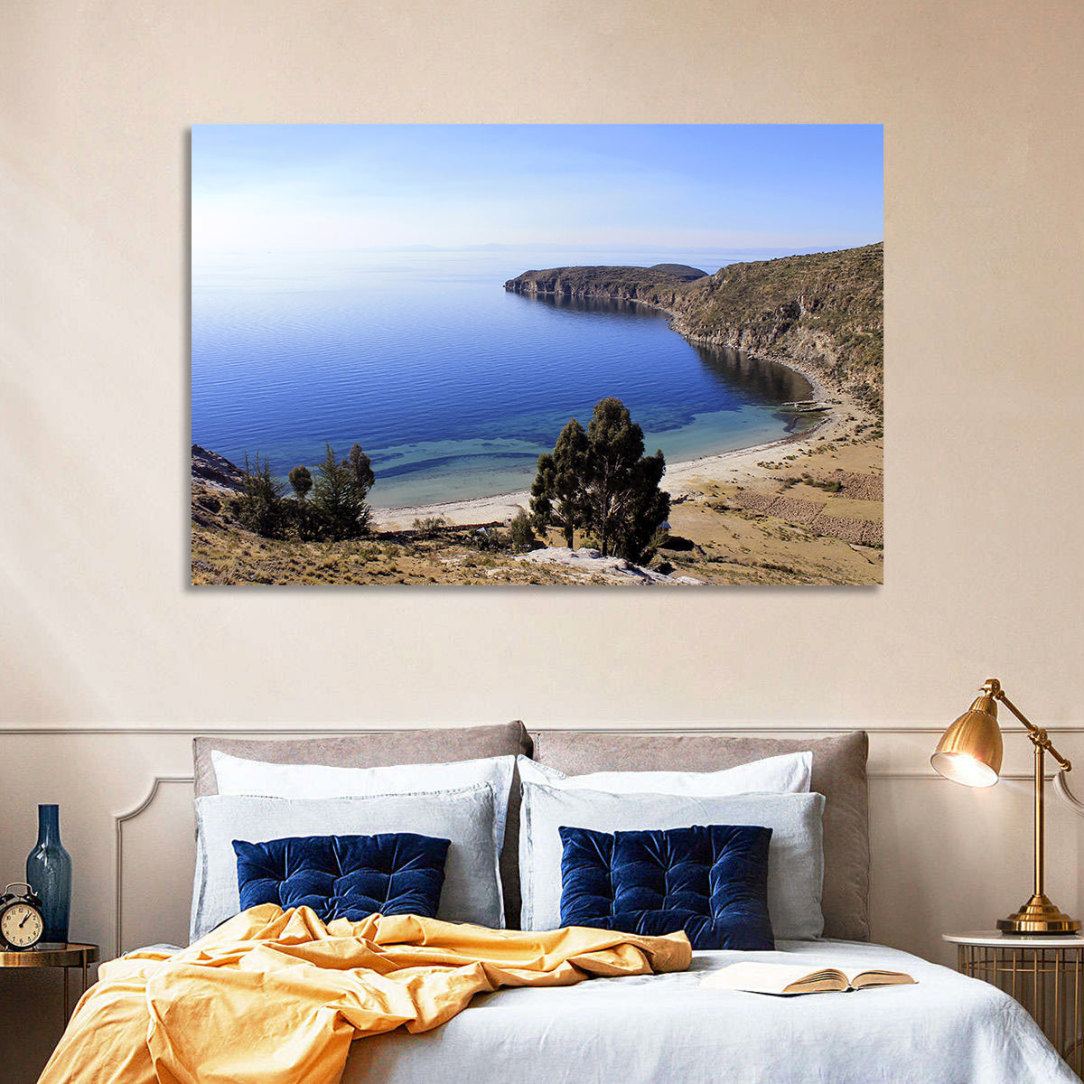 Titicaca Cliffs and Turquoise Water Wall Art in a room, landscape