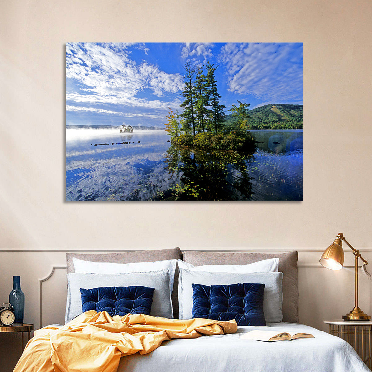Misty Maine Lake Wall Art in a room, landscape