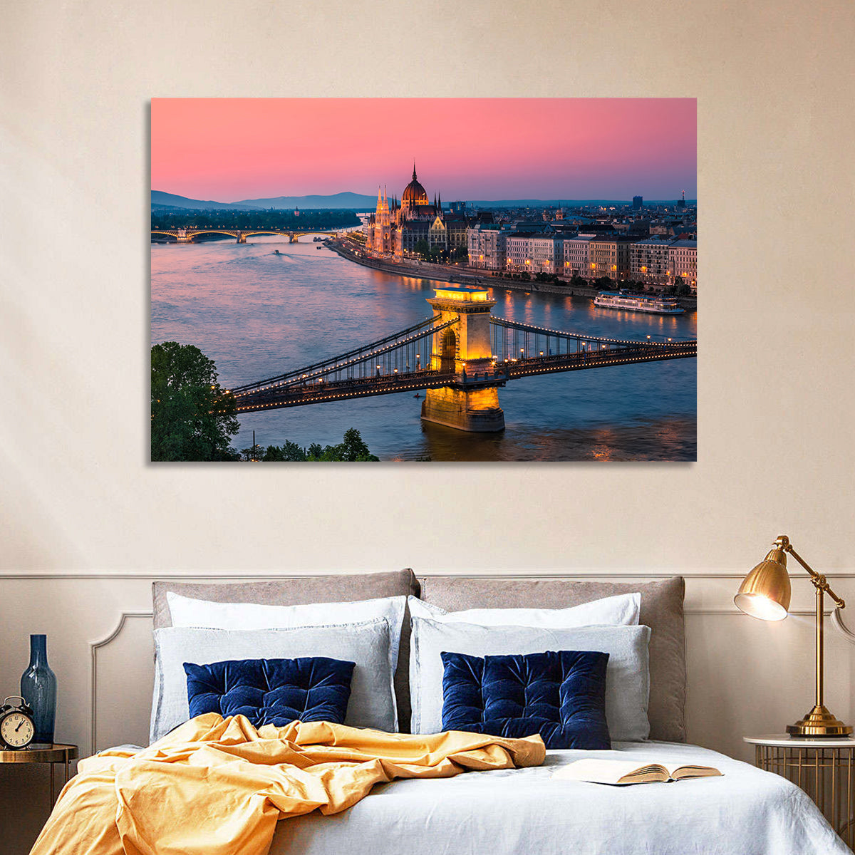 Budapest Chain Bridge at Twilight Wall Art in a room, landscape