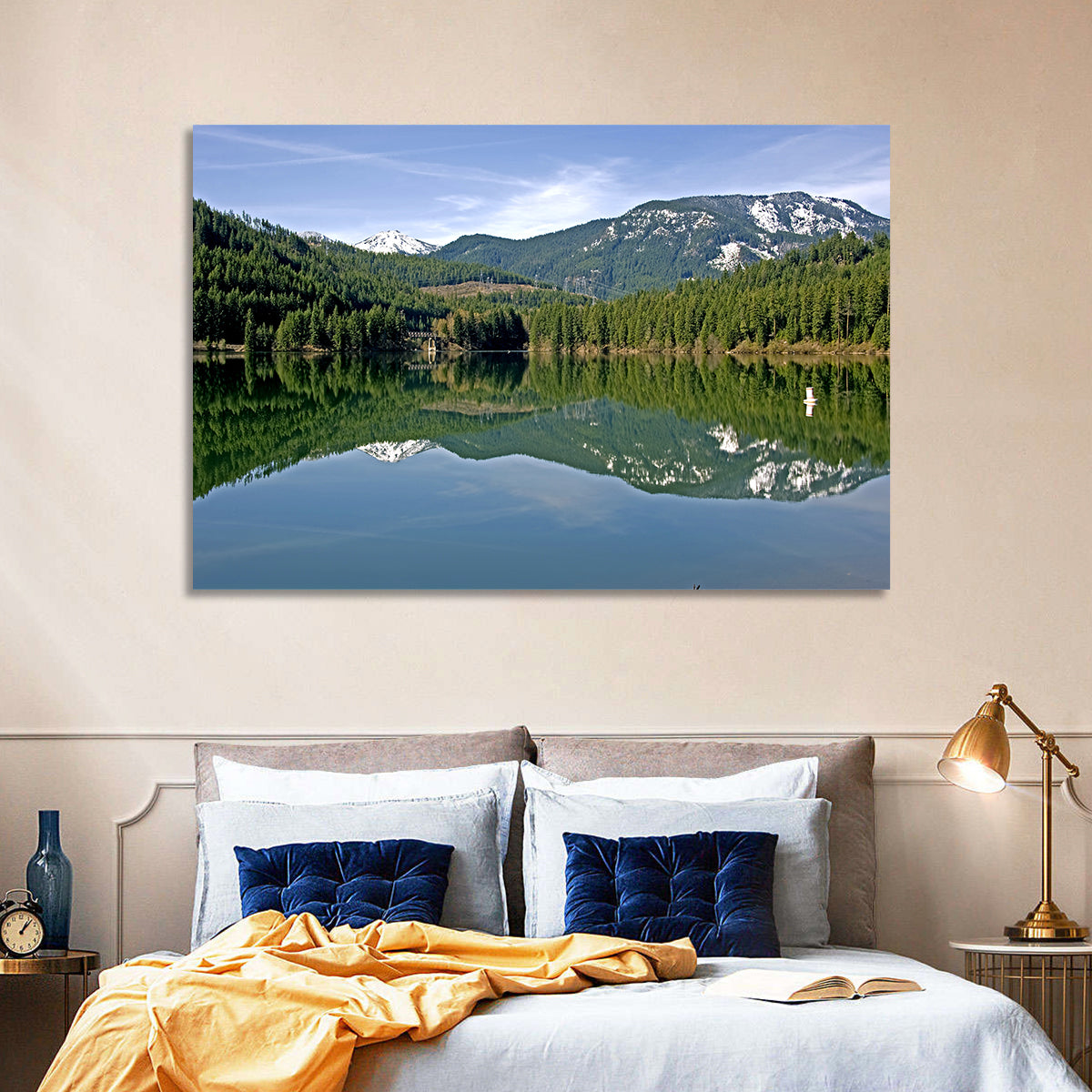 Lake Crescent Reflection Wall Art in a room, landscape
