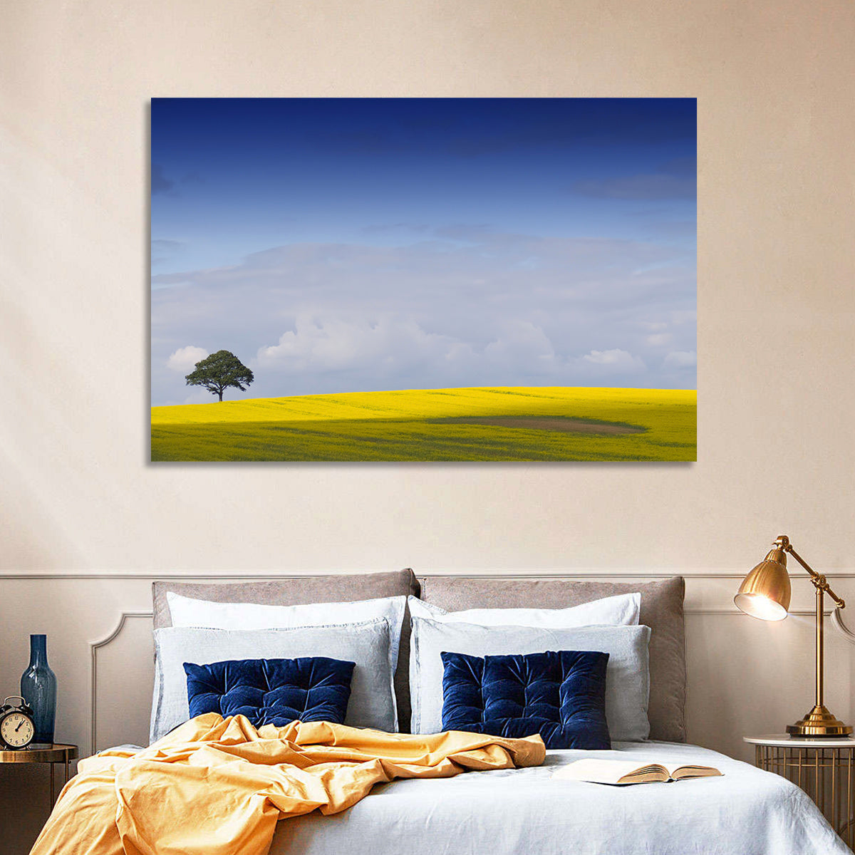 Solitary Tree Over Rapeseed Field Wall Art in a room, landscape