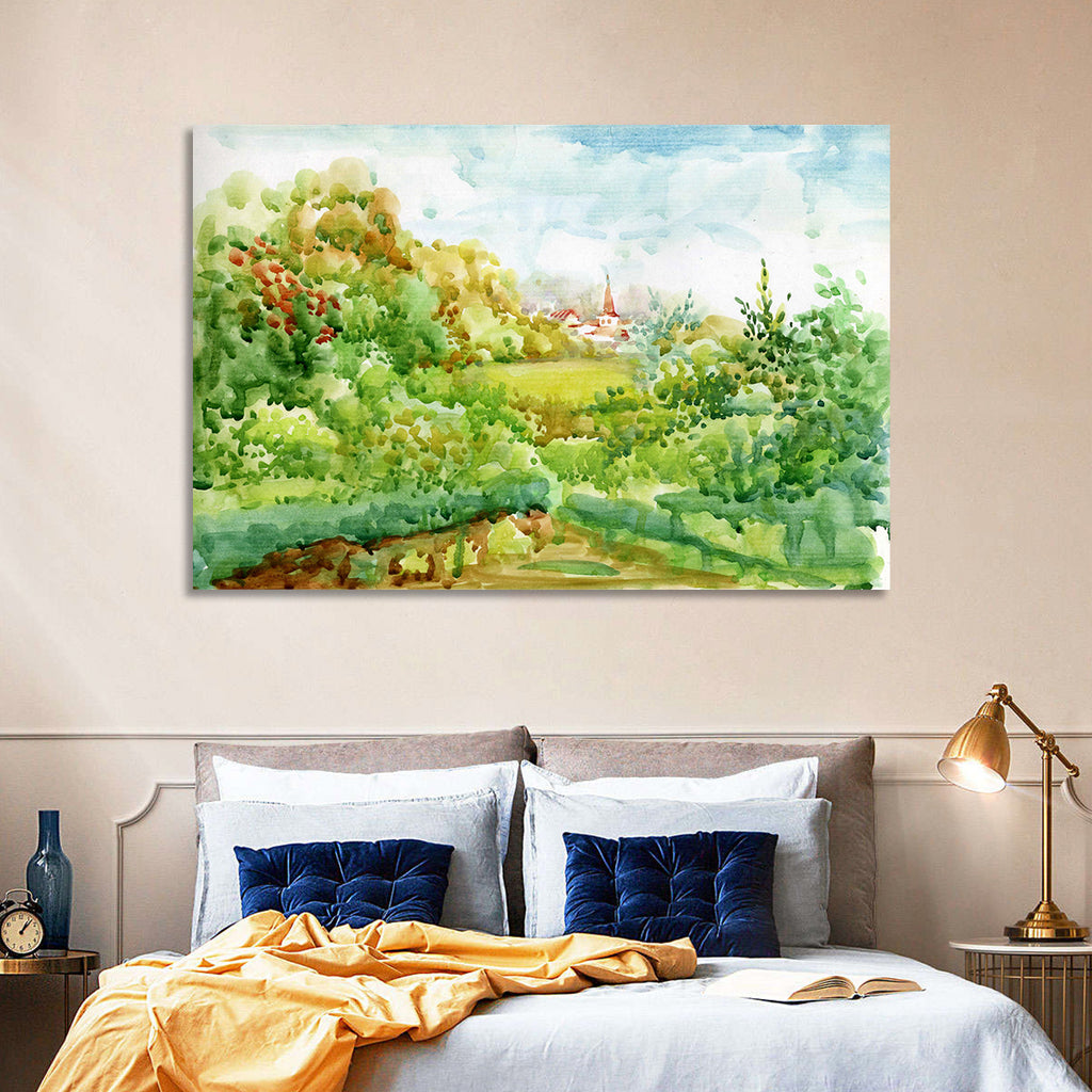 Red Steeple Village Watercolor Wall Art