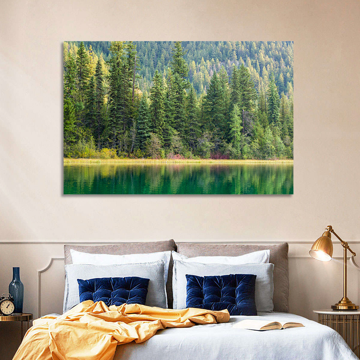 Tranquil Forest Lake Wall Art in a room, landscape