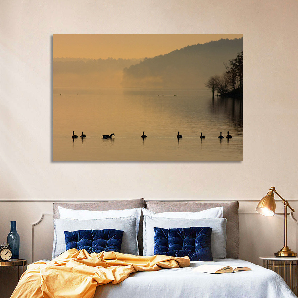 Lake Degray Geese Silhouette Wall Art in a room, landscape