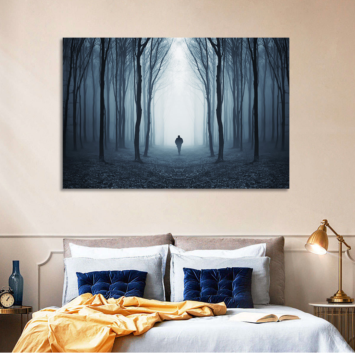 Lone Figure in Misty Forest Wall Art in a room, landscape