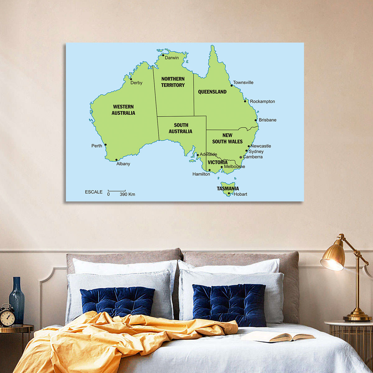 Minimalist Australia Map with State Labels Wall Art in a room, landscape