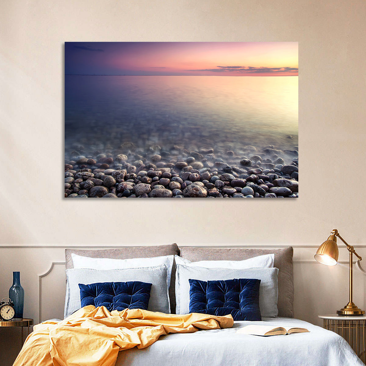 Pebbled Shore Sunset Wall Art in a room, landscape