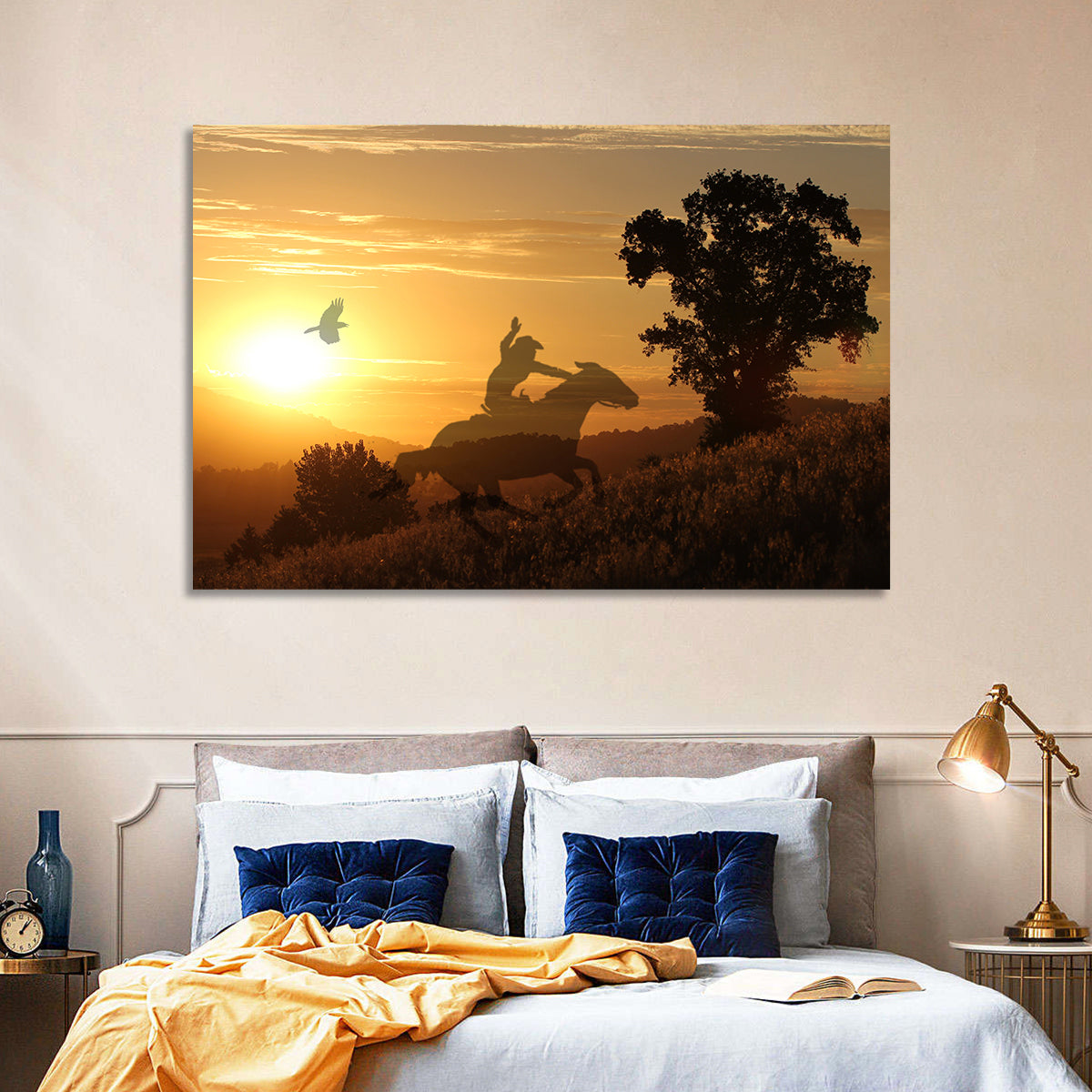 Cowboy Silhouette at Golden Sunset Wall Art in a room, landscape