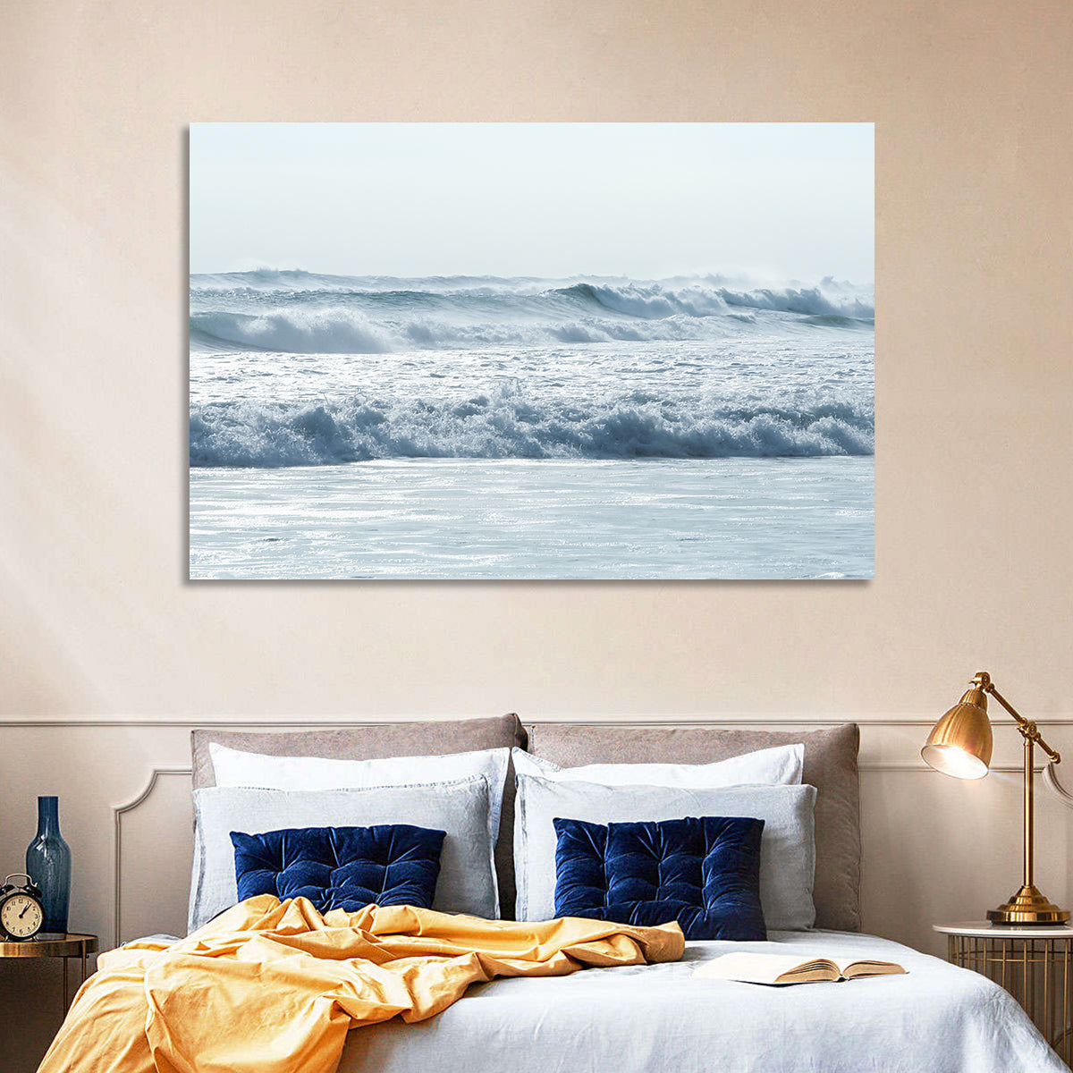 Misty Horizon Ocean Waves Wall Art in a room, landscape