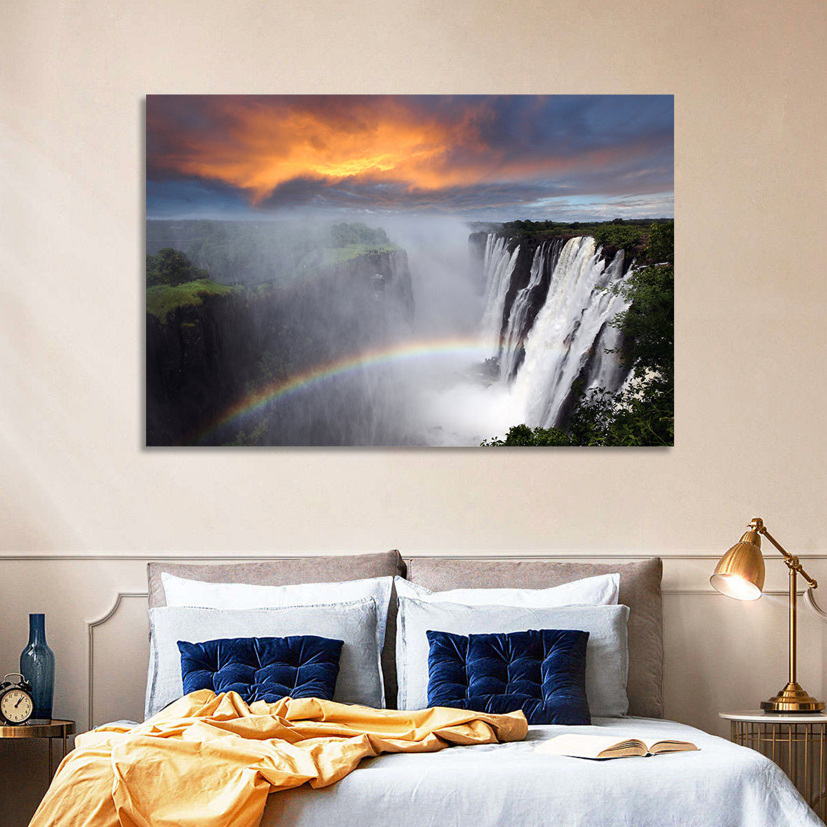 Victoria Falls Rainbow at Dusk Wall Art in a room, landscape