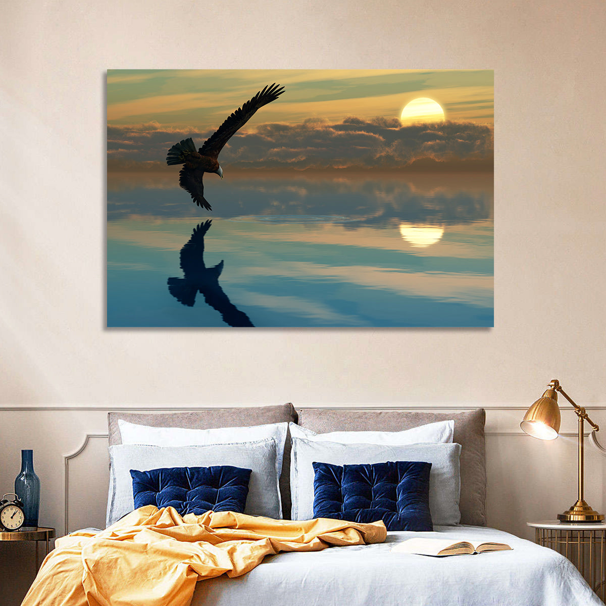 Bald Eagle Sunset Reflection Wall Art in a room, landscape