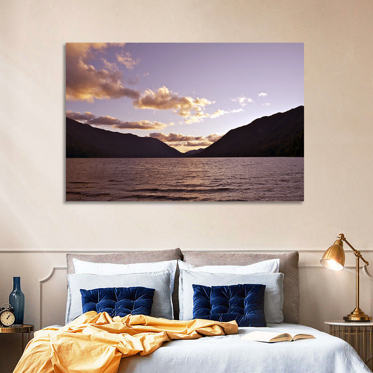 Purple Sunset Over Lake Crescent Wall Art in a room, landscape