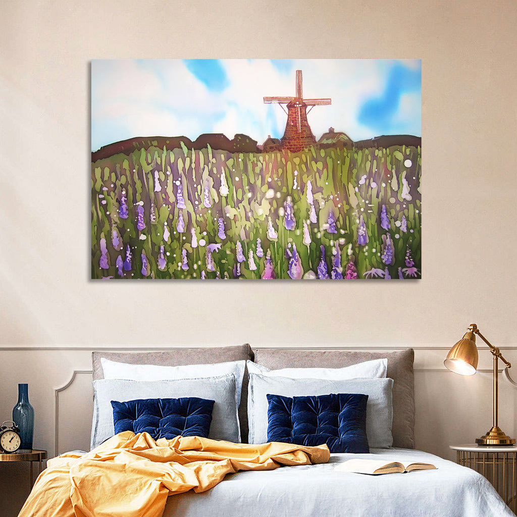 Ink Wash Windmill in Blooming Field Wall Art