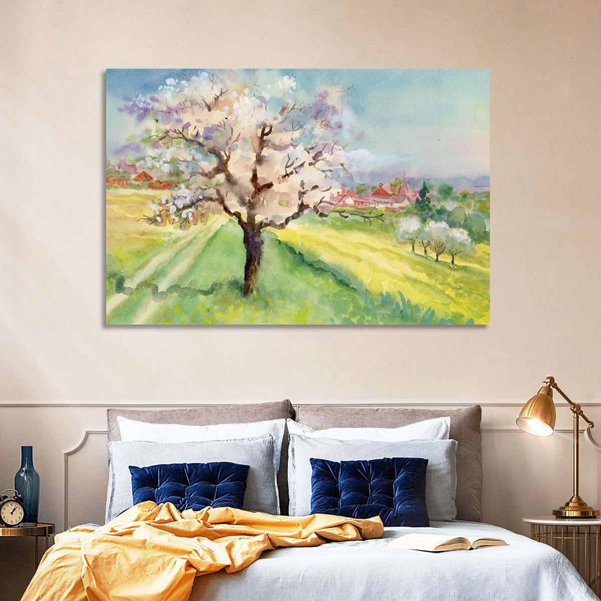 Spring Village Watercolor Wall Art in a room, landscape