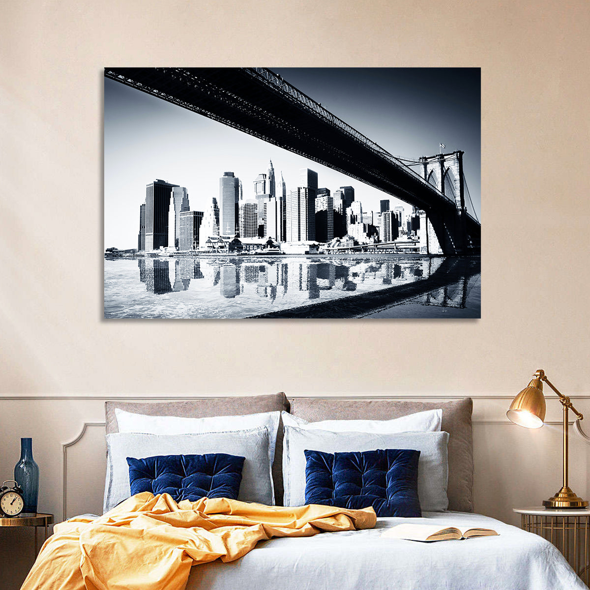 Brooklyn Bridge Low Angle Skyline Reflection Wall Art in a room, landscape