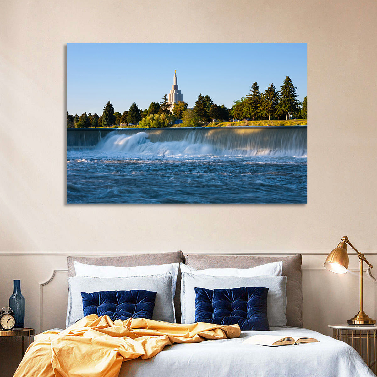 Idaho Falls Temple and Waterfall Wall Art in a room, landscape