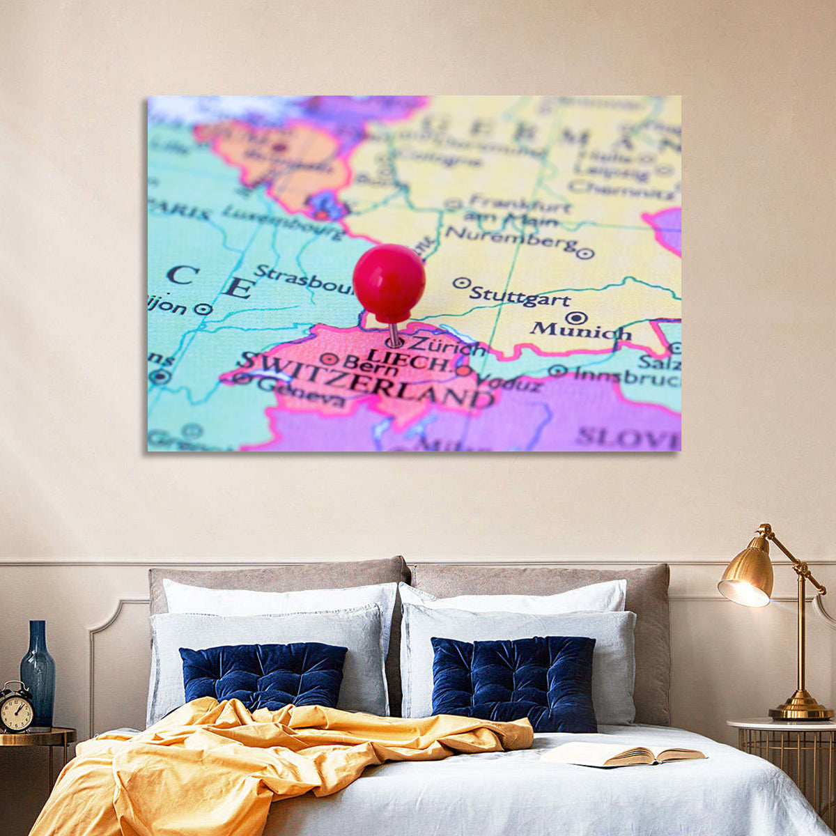 Zurich Map with Red Pin Wall Art in a room, landscape