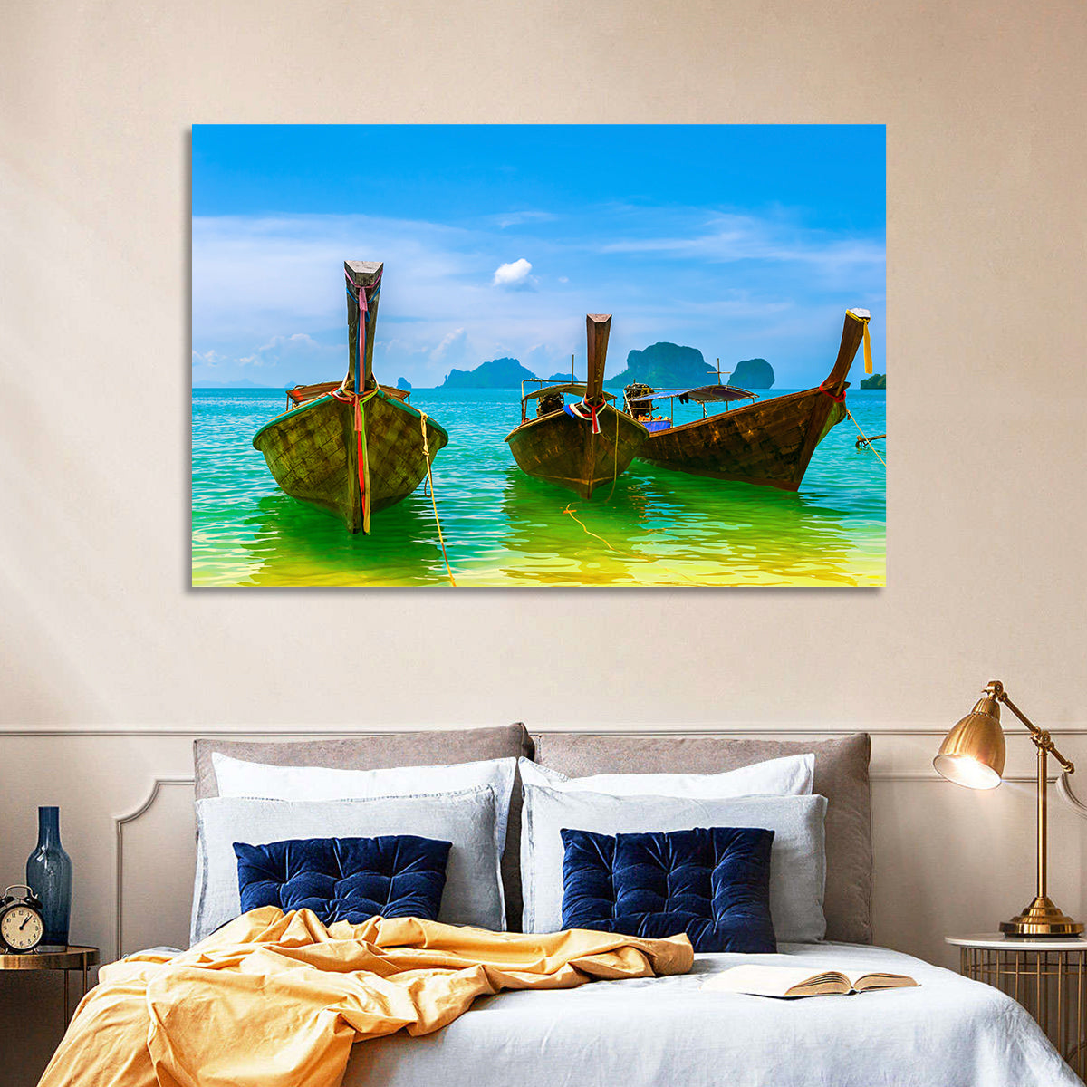 Three Long-tail Boats on Turquoise Water Wall Art in a room, landscape