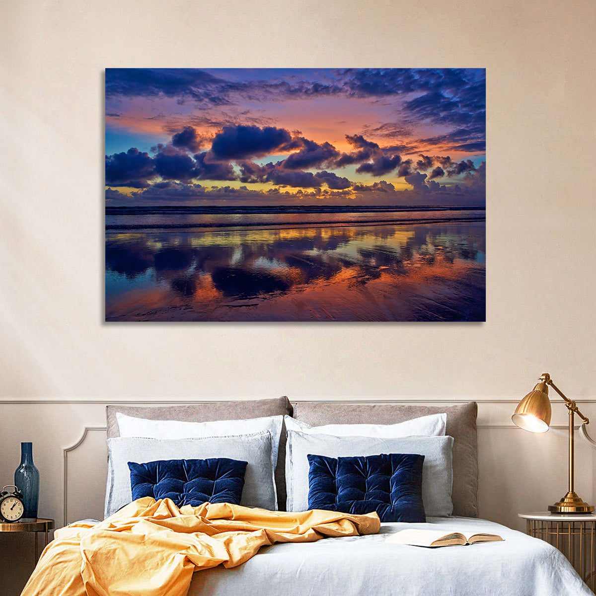 Dusk Beach Reflections Wall Art in a room, landscape