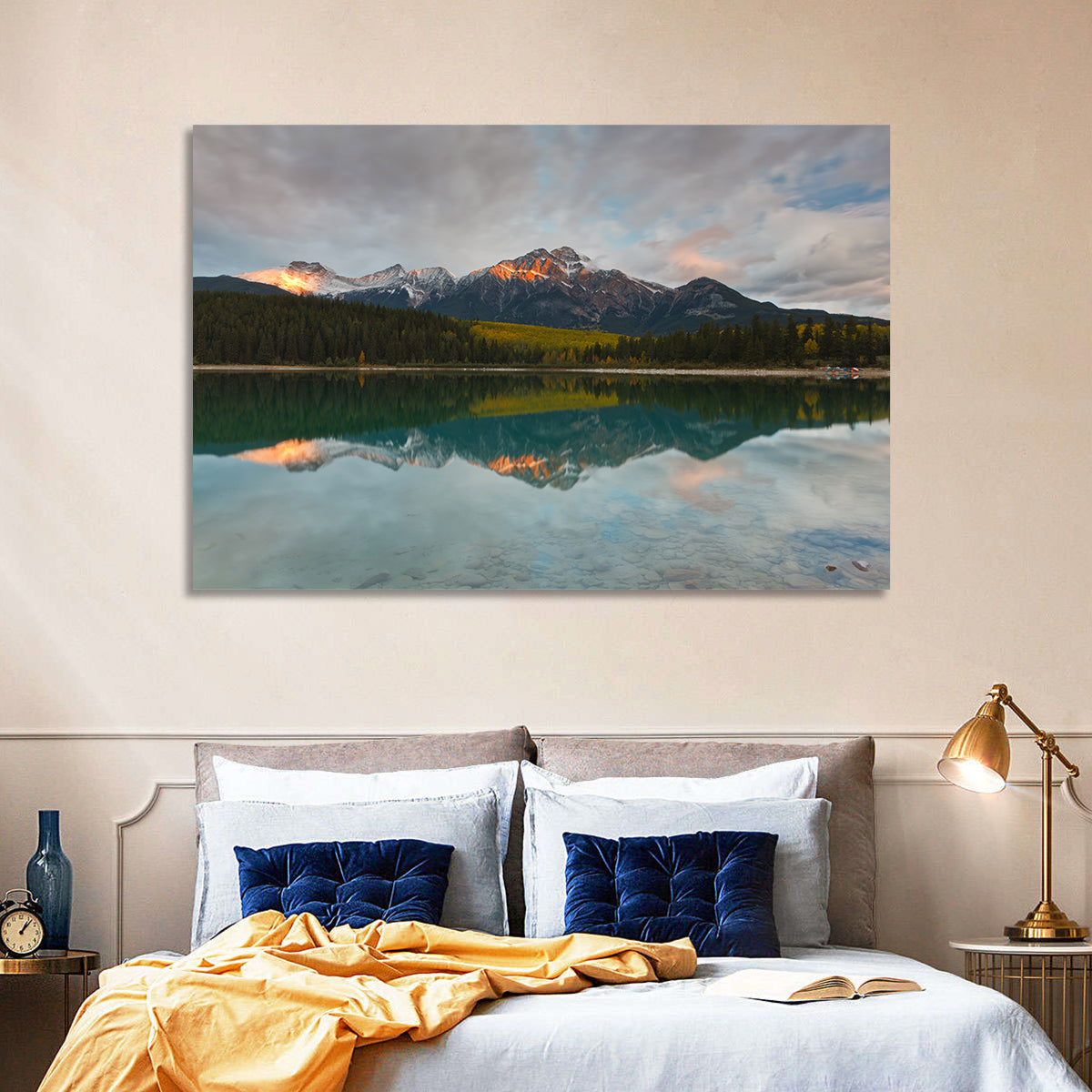 Patricia Lake Golden Hour Reflection Wall Art in a room, landscape