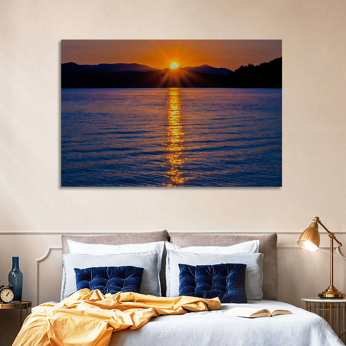 Lake Jocassee Golden Sunrise Wall Art in a room, landscape