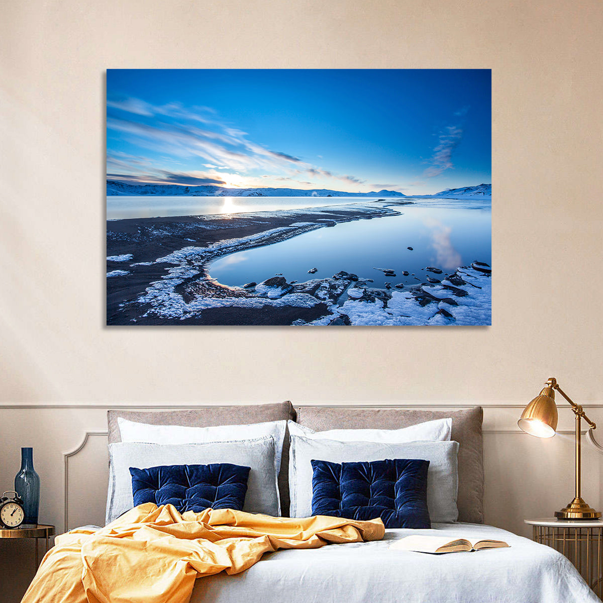 Lake Kleifarvatn Icy Shoreline Wall Art in a room, landscape