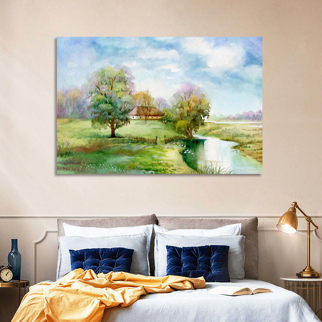Spring Cottage by the Stream Wall Art