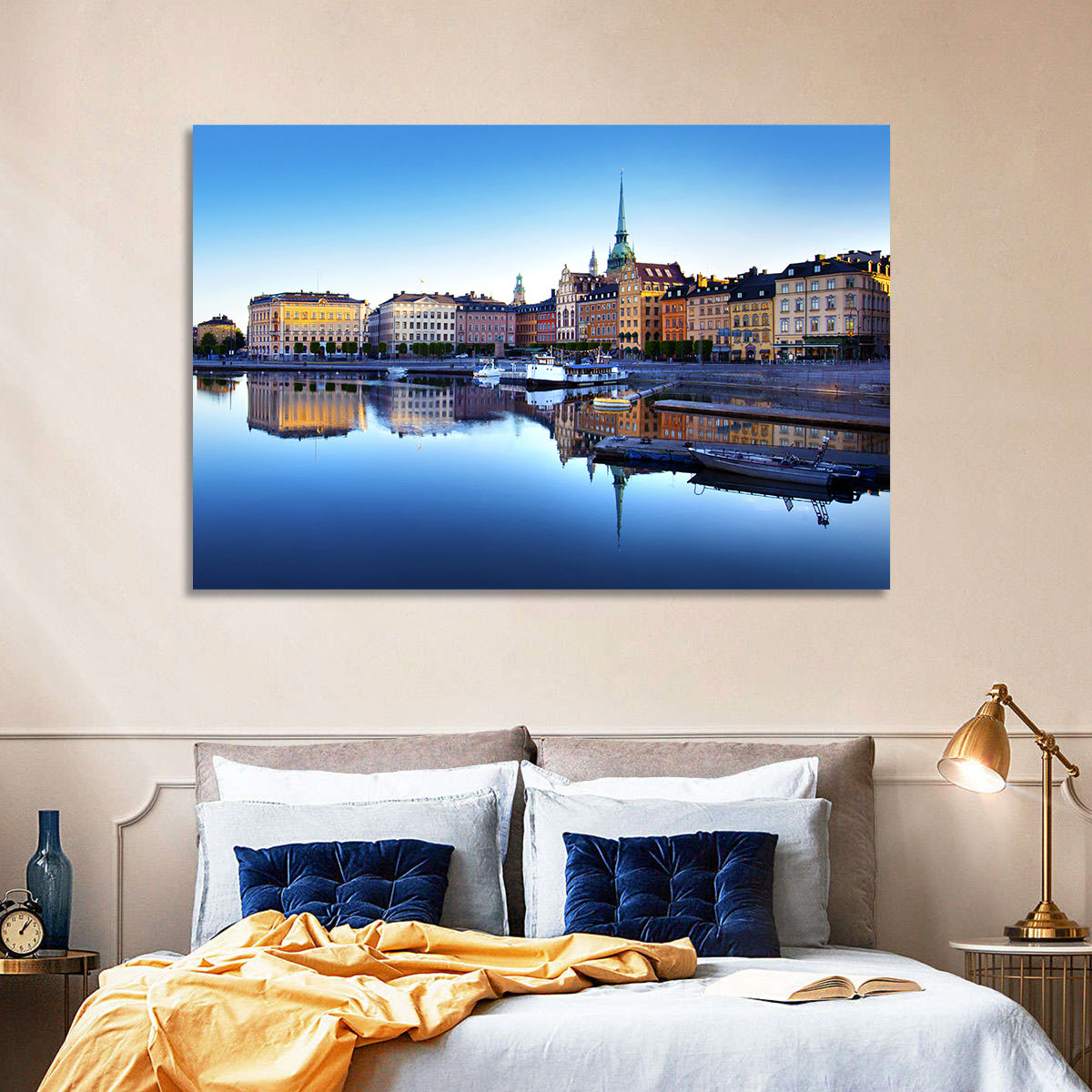 Gamla Stan Stockholm Skyline Wall Art in a room, landscape