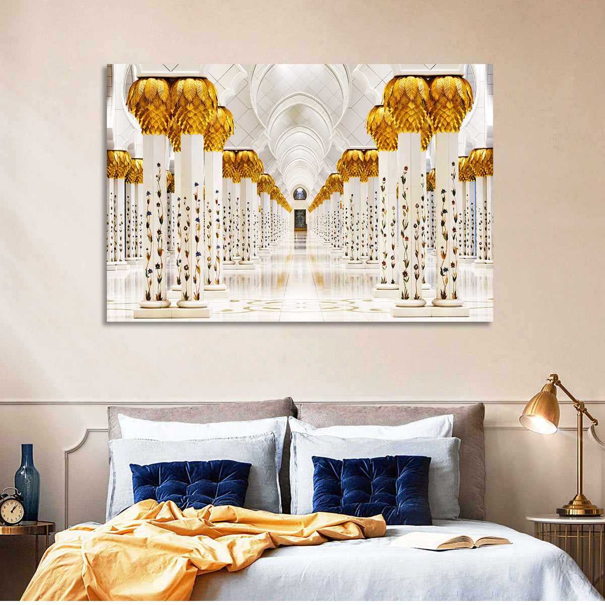 Sheikh Zayed Grand Mosque Colonnade Wall Art in a room, landscape