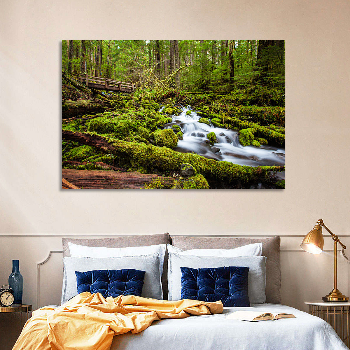 Mossy Cascade Forest Stream Wall Art in a room, landscape