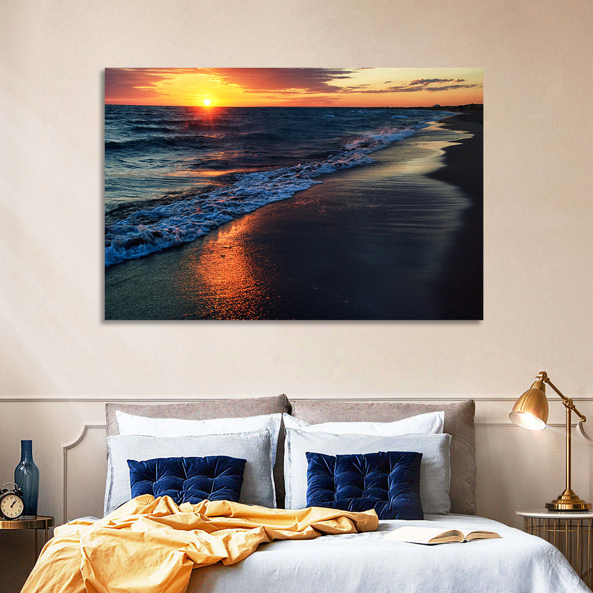 Lake Balkhash Golden Dusk Wall Art in a room, landscape