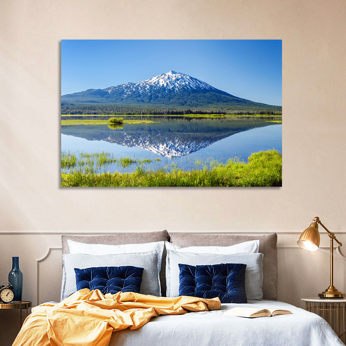 Mount Bachelor Lake Reflection Wall Art in a room, landscape