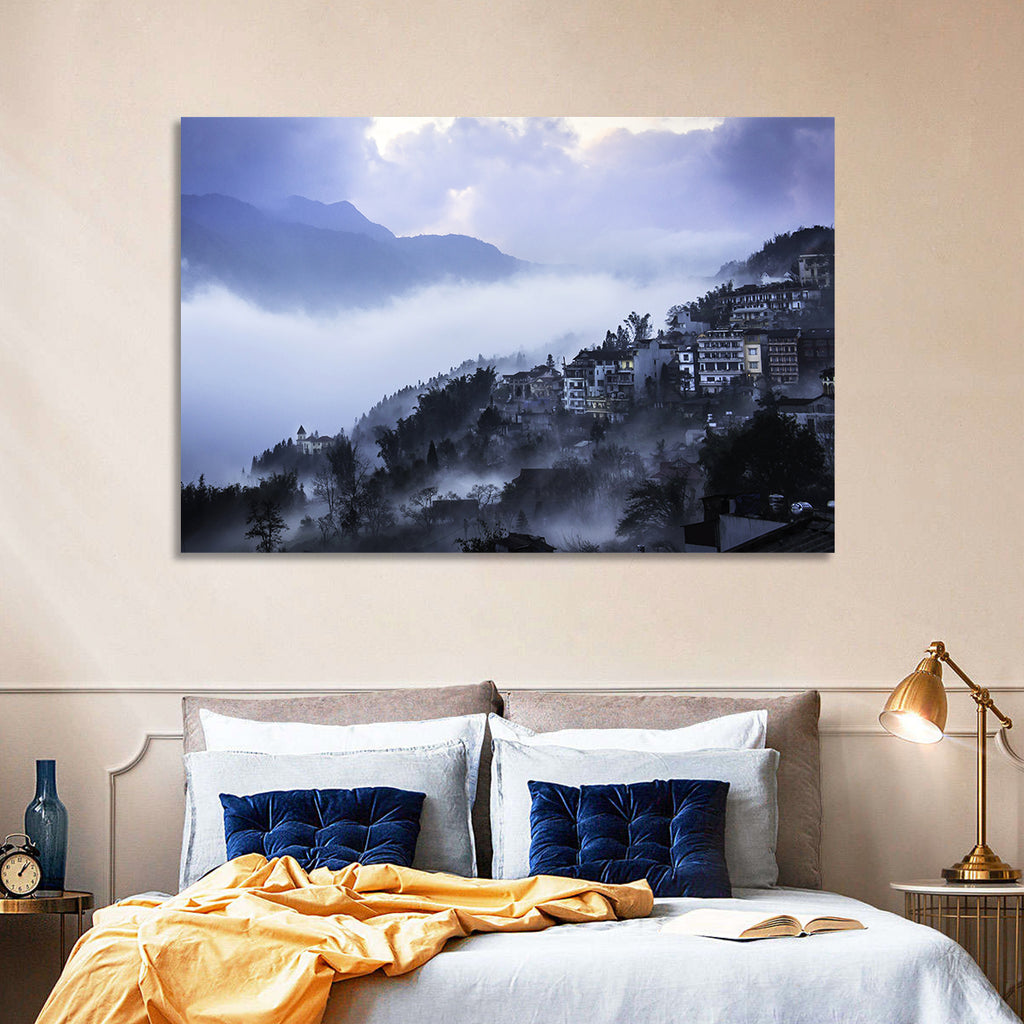 Misty Hillside Town Wall Art