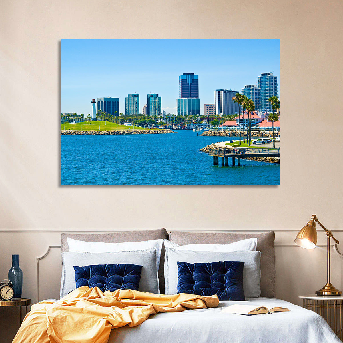 Long Beach Rainbow Harbor Skyline Wall Art in a room, landscape