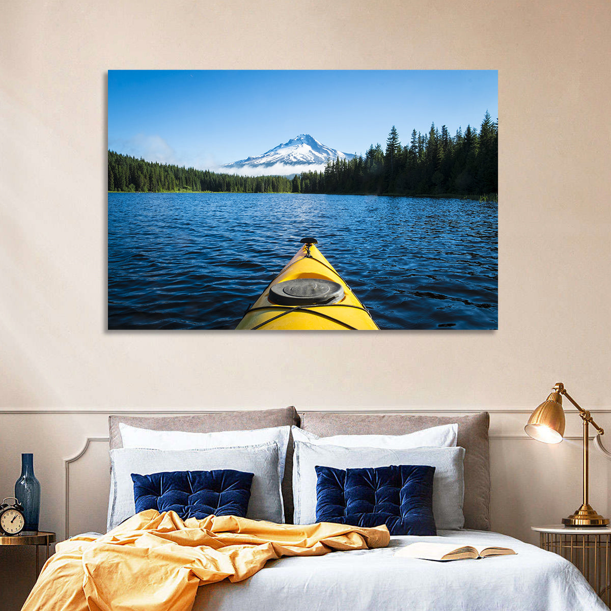 Yellow Kayak at Trillium Lake Wall Art in a room, landscape