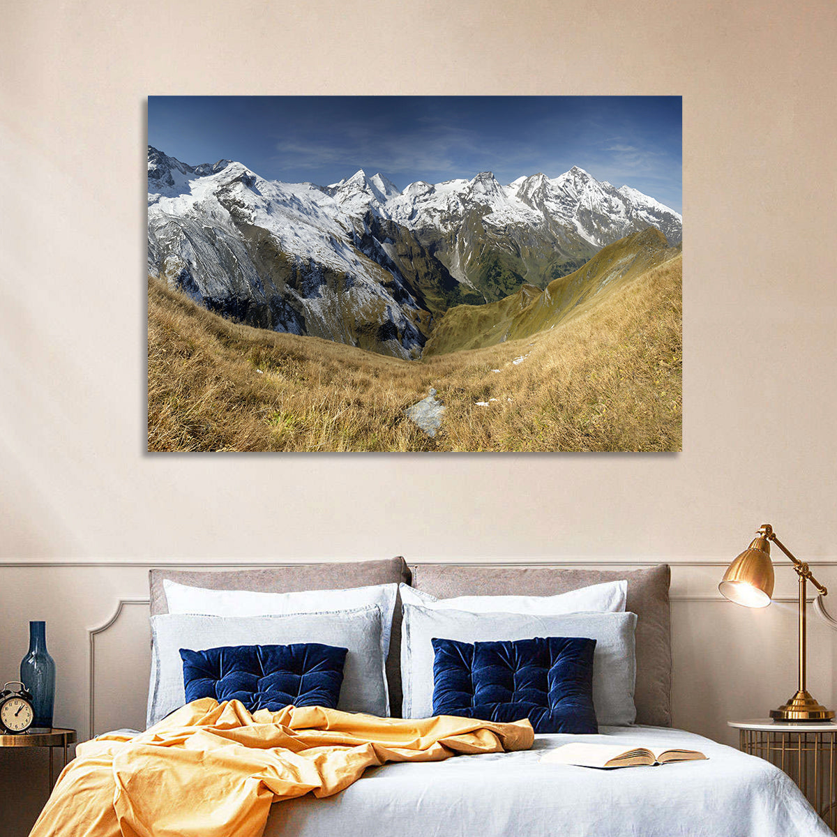 Crisp Alpine Valley with Snow-capped Peaks Wall Art in a room, landscape