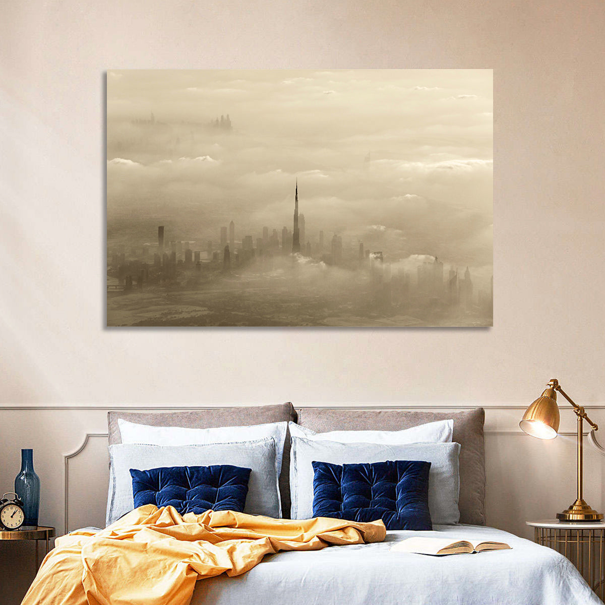 Dubai Haze Over Burj Khalifa Wall Art in a room, landscape