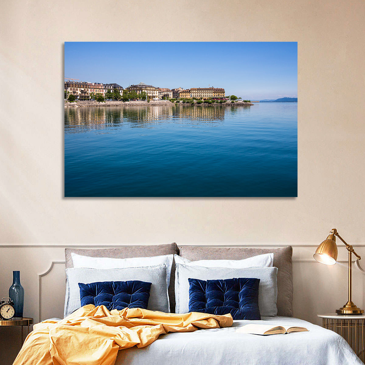 Tranquil Lake Neuchatel Wall Art in a room, landscape