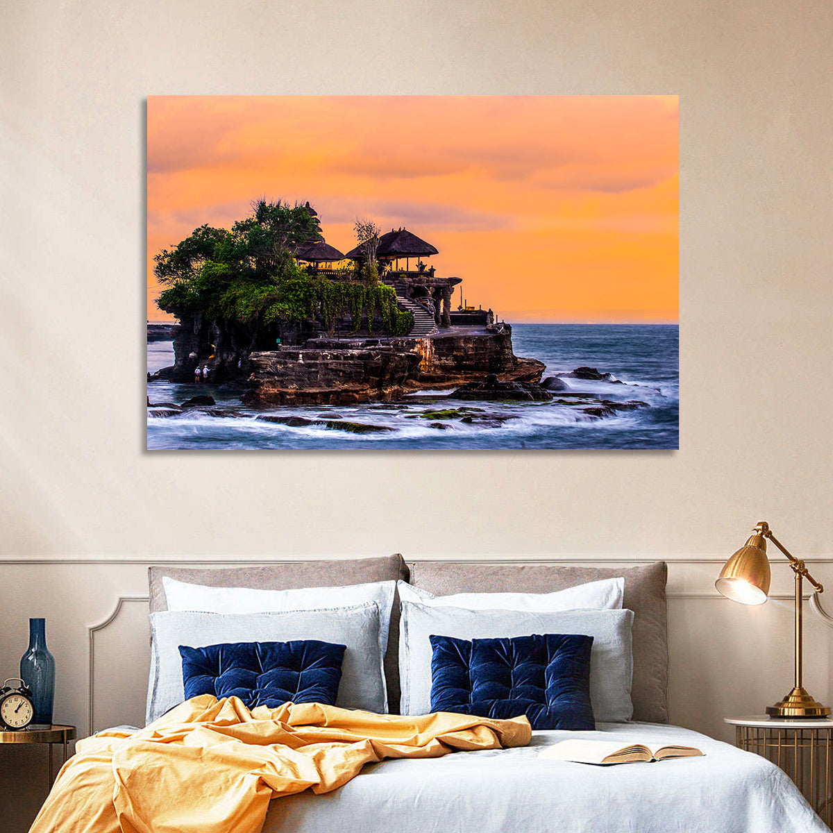 Tanah Lot Temple at Sunset Wall Art in a room, landscape