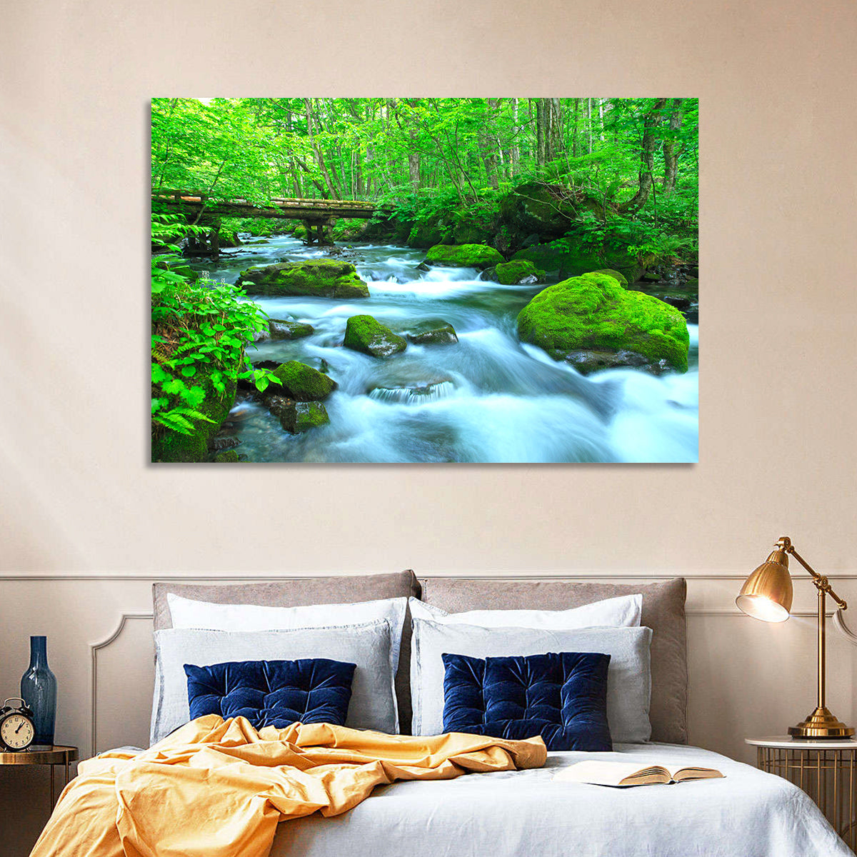 Mossy Forest Stream Wall Art in a room, landscape