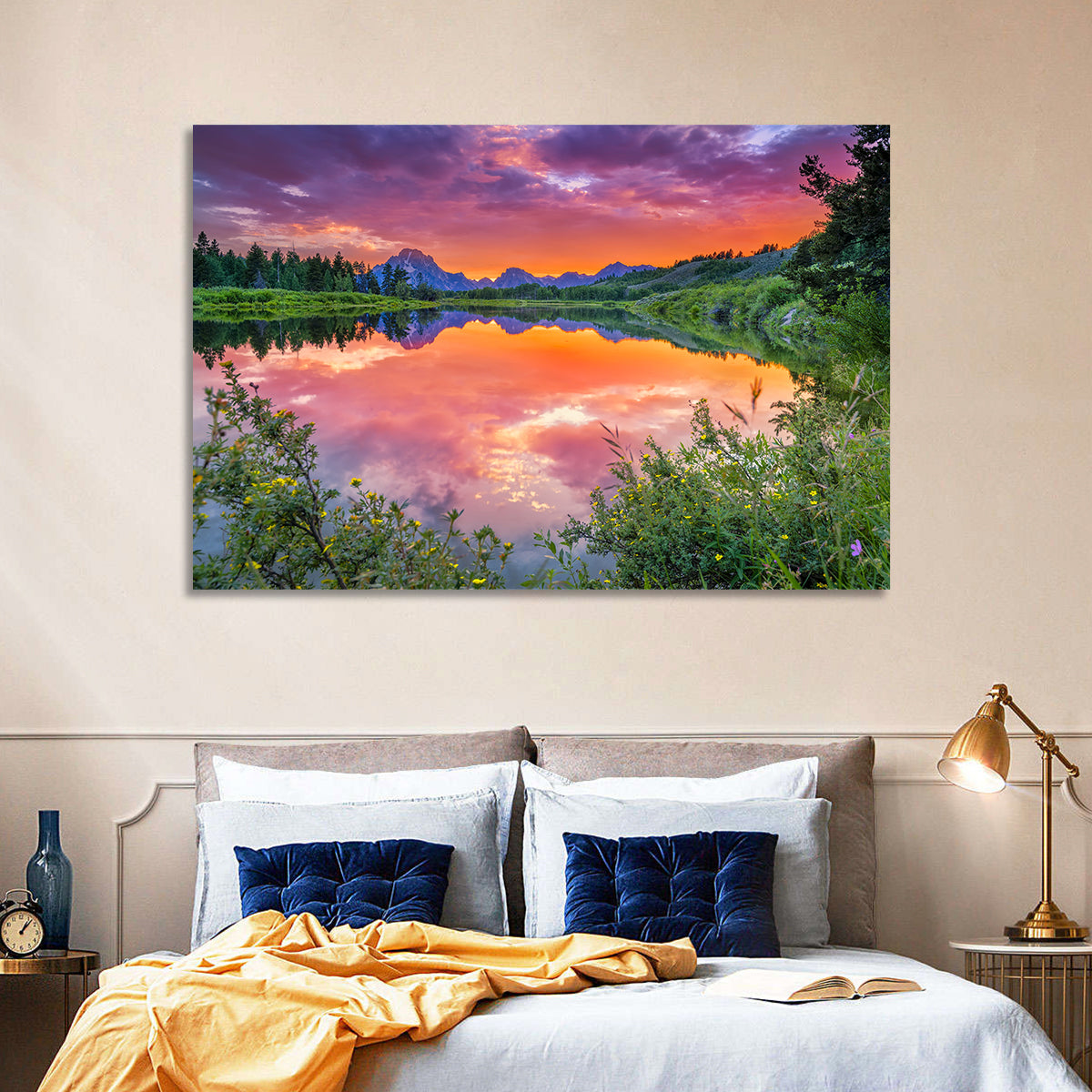 Oxbow Bend Sunset Wall Art in a room, landscape
