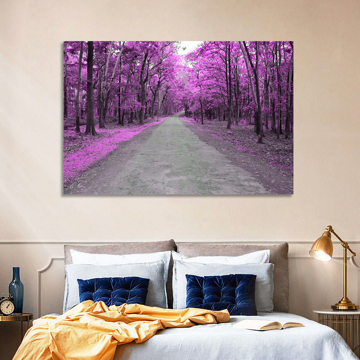 Magenta Autumn Forest Road Wall Art in a room, landscape