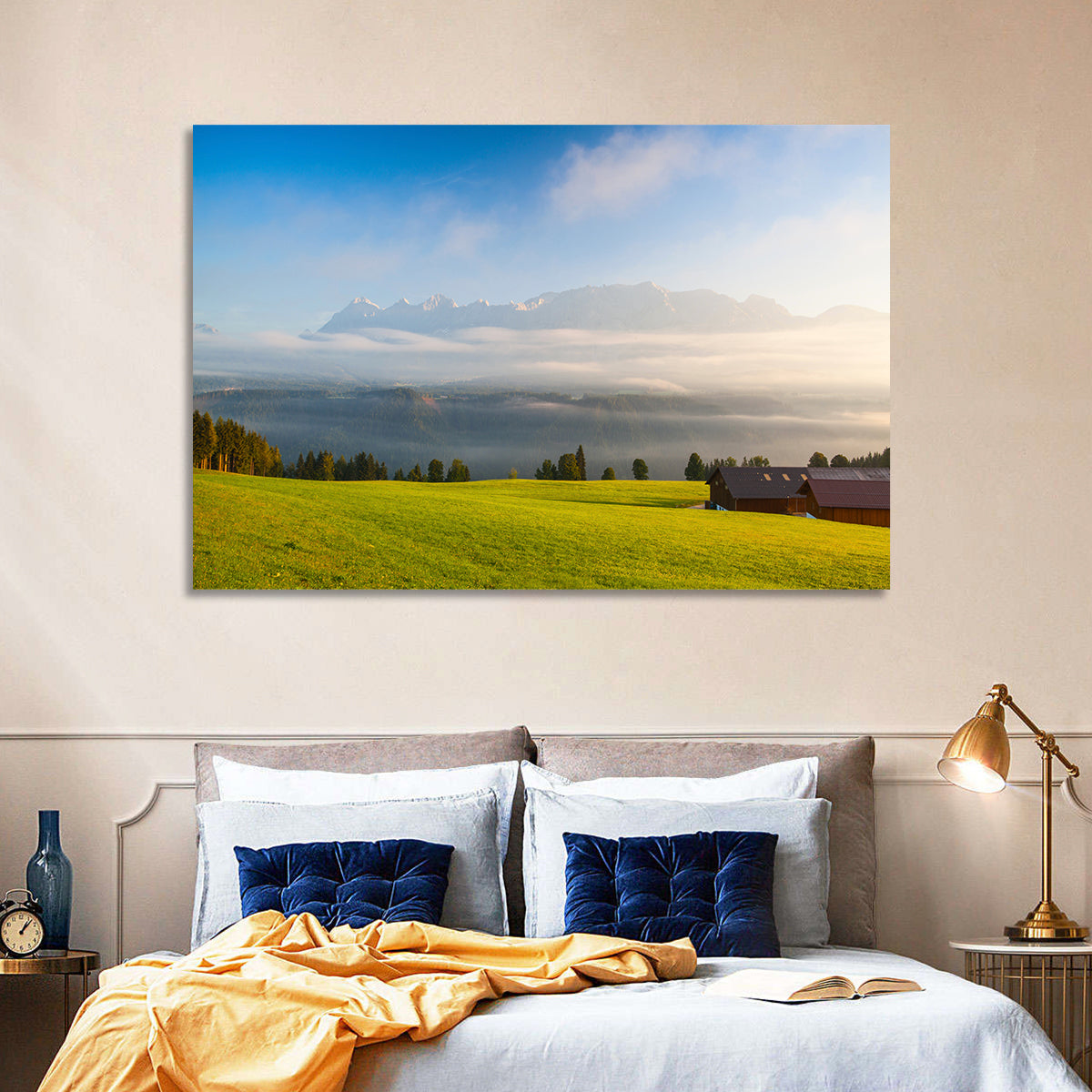 Sunlit Mountain Clouds Wall Art in a room, landscape