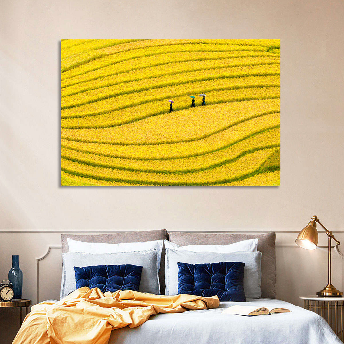 Golden Rice Terraces with Umbrellas Wall Art in a room, landscape