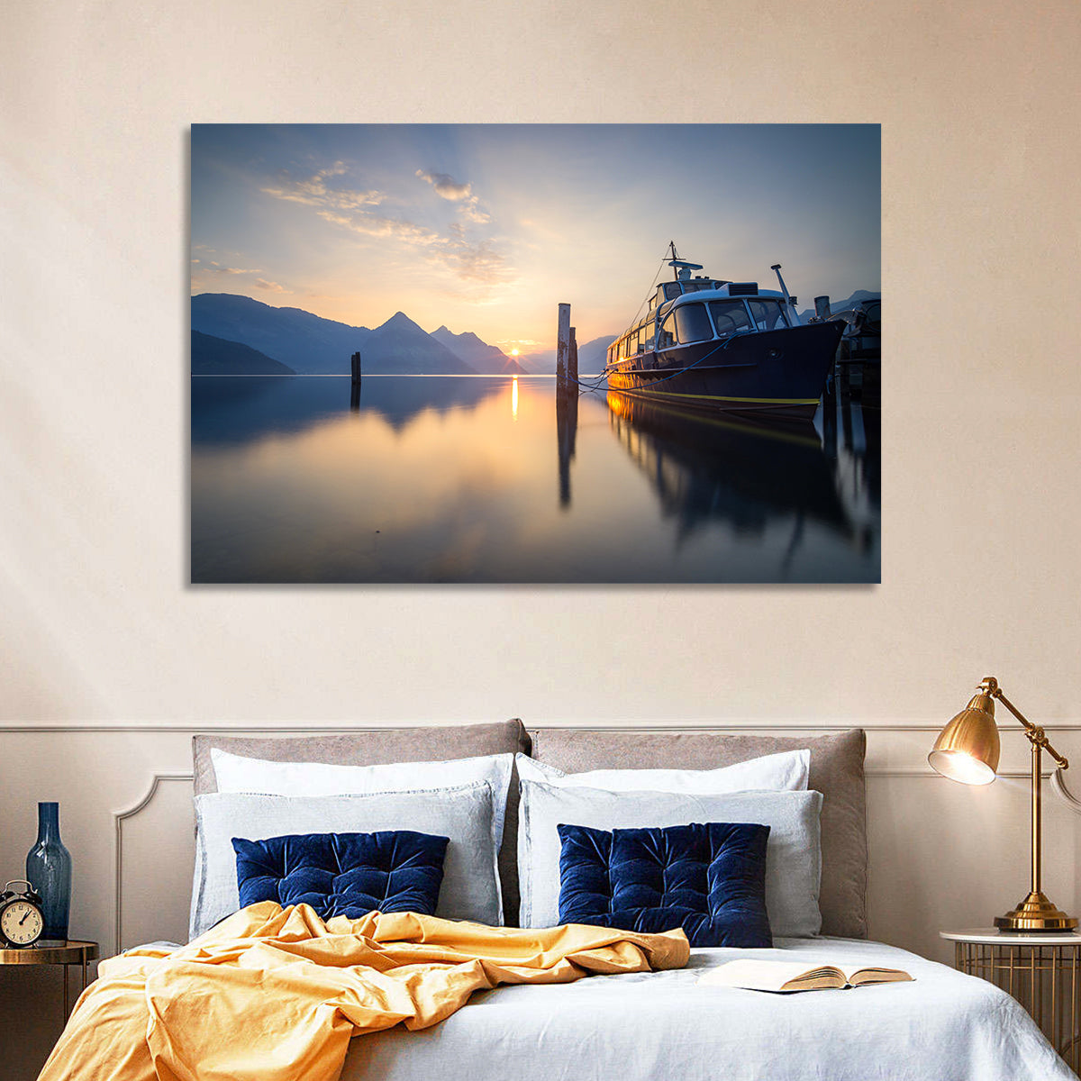 Lake Lucerne Sunset Wall Art in a room, landscape