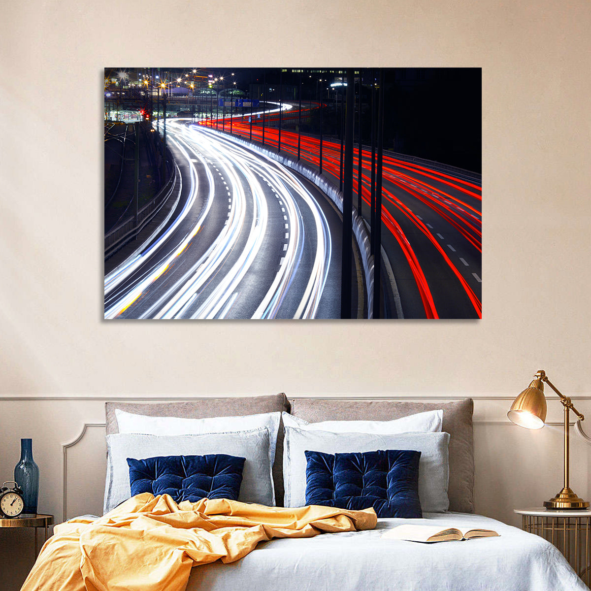 Night Highway Light Trails Wall Art in a room, landscape