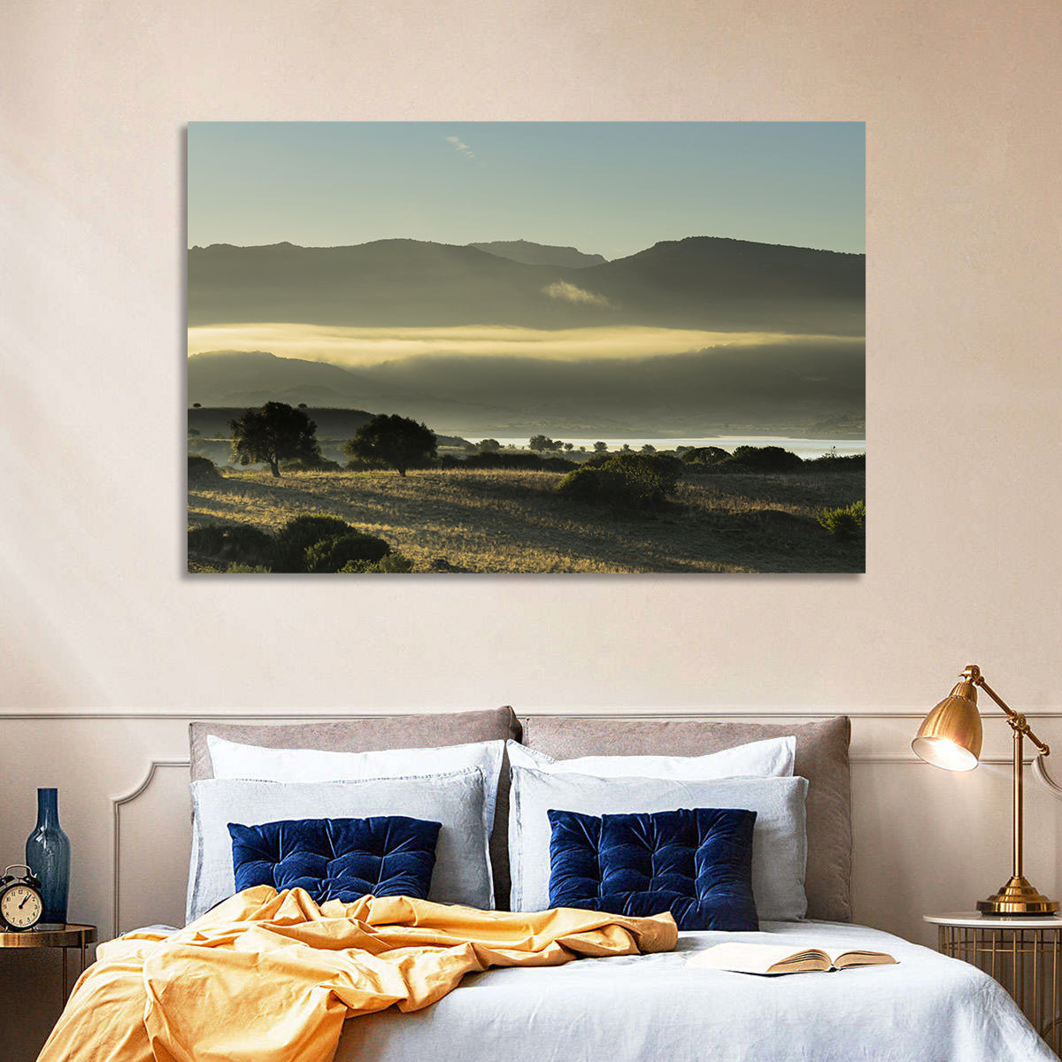 Lake Omodeo Morning Mist Wall Art in a room, landscape