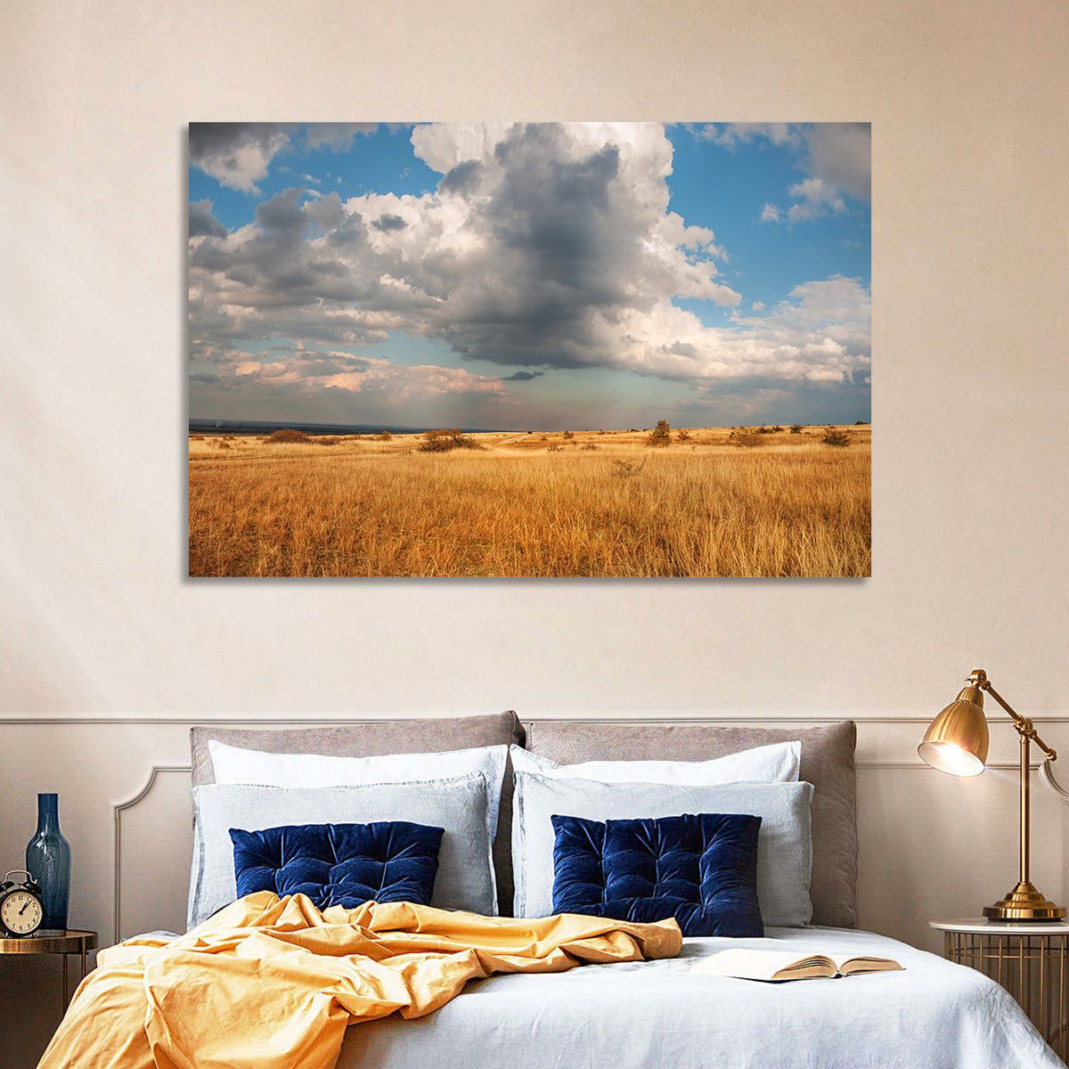 Golden Oklahoma Prairie Wall Art in a room, landscape